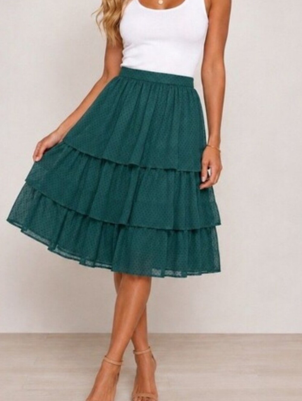 J.Crew Factory Ruffle Tiered Midi Skirt in  "Flocked Dot Academic Green"